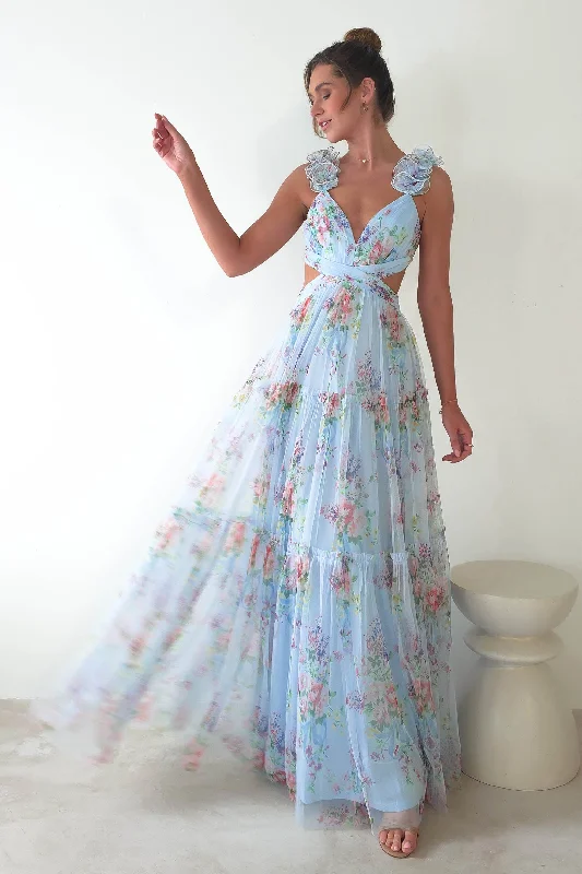 Alma Floral Print Tulle Maxi Dress | Blue