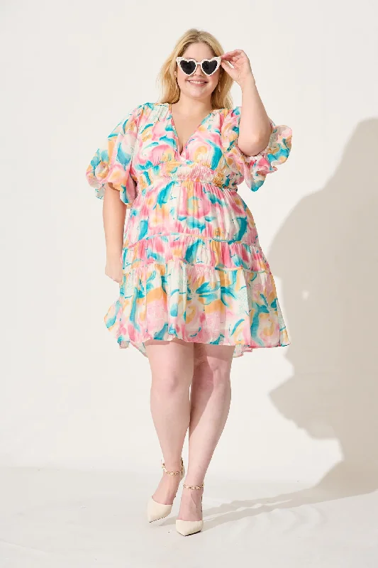 Amarusso Dress In Pink With Multi Watercolour Floral Print