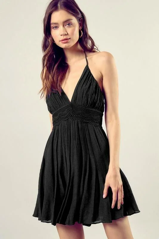 Arianna Black Lace Halter Mini Dress