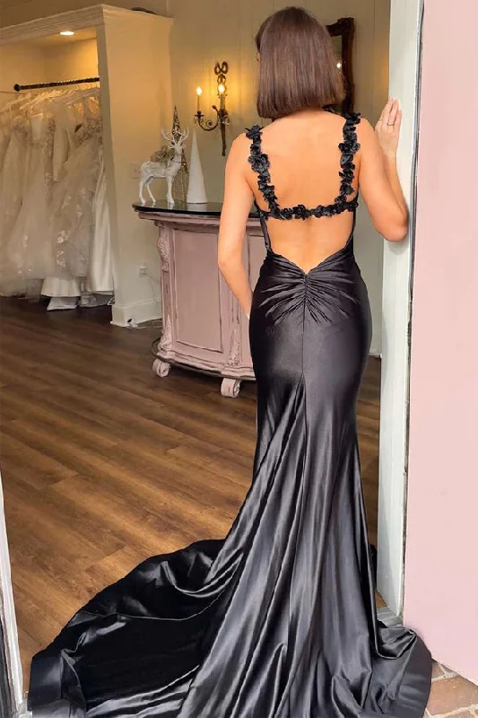 Black Straps Floral Mermaid Long Prom Dress Formal Dress PSK527