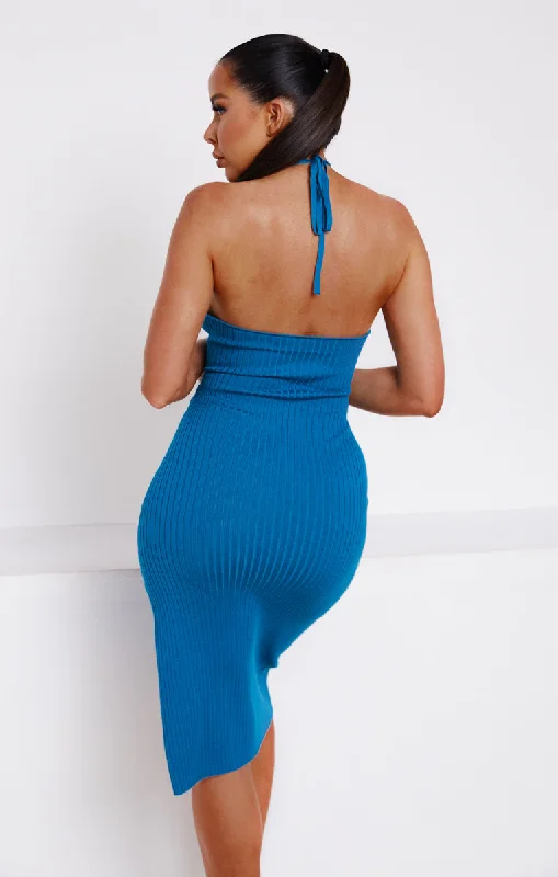 Blue Knitted Rib Halter Neck Bodycon Midi Dress-True