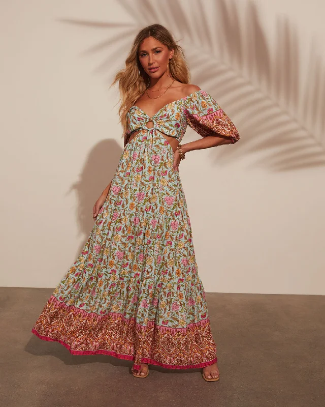 Mojave Puff Sleeve Printed Cutout Maxi Dress