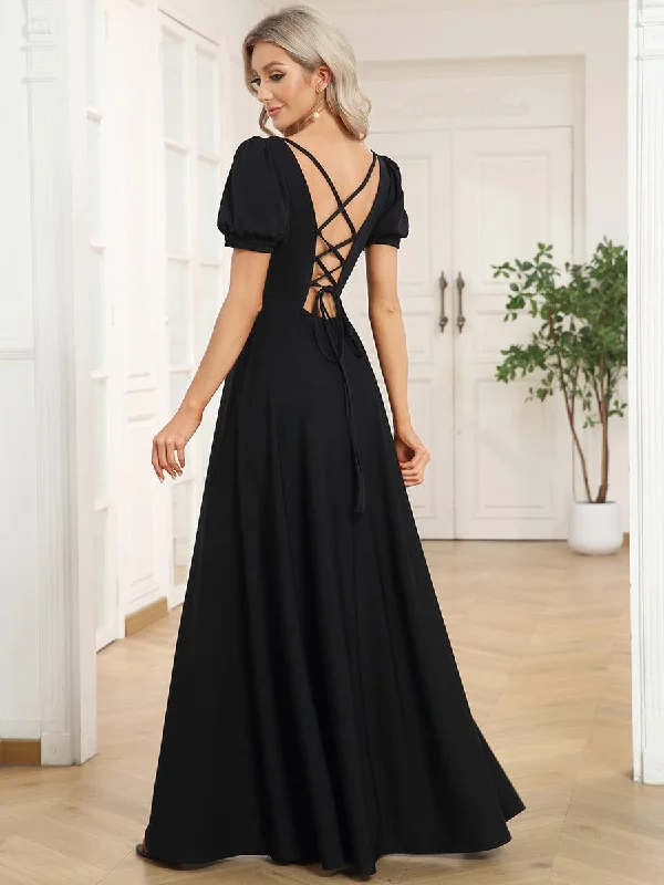 Caged Back Short Sleeve Square Neck A-Line Evening Dress