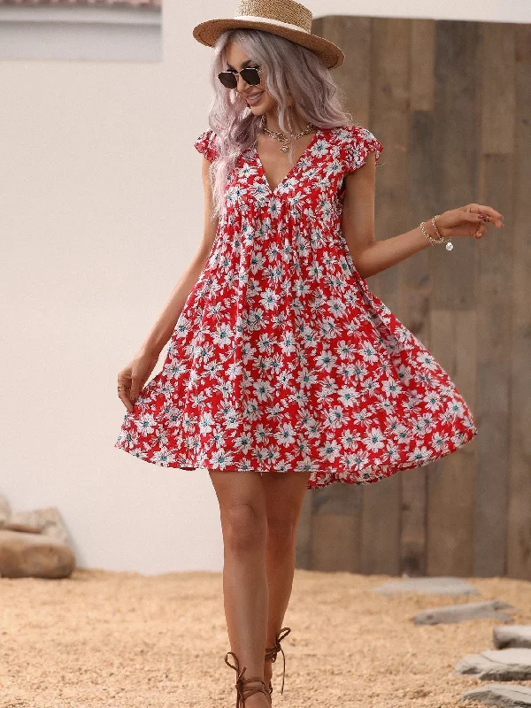 MegaBetty - Allover Print V Neck Smocked Flare Dress