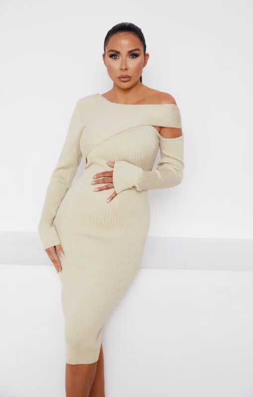 Stone Knitted Rib One Shoulders Long Sleeve Cut Out Bodycon Midi Jumper Dress- Dua