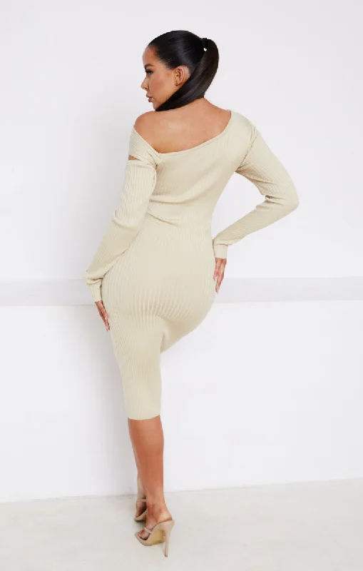 Stone Knitted Rib One Shoulders Long Sleeve Cut Out Bodycon Midi Jumper Dress- Dua