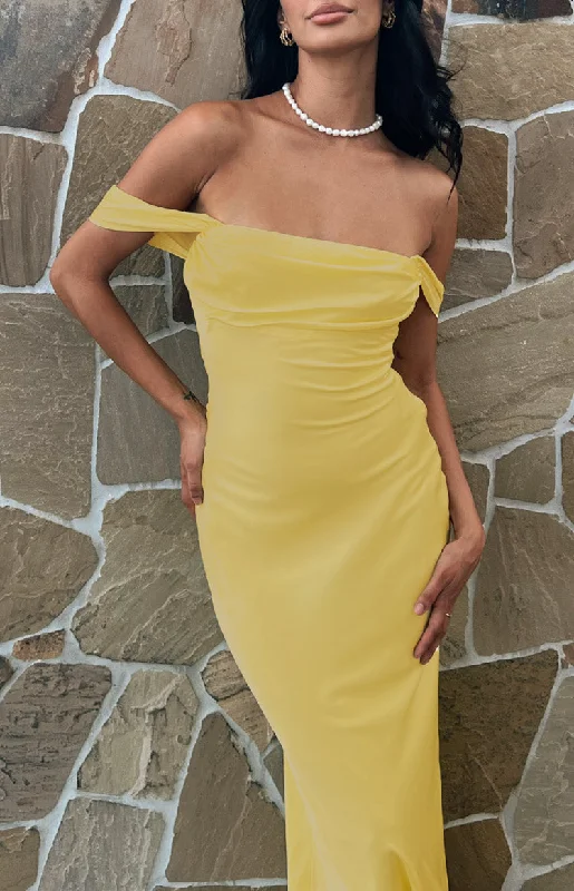 Ella Light Yellow Off Shoulder Formal Maxi Dress