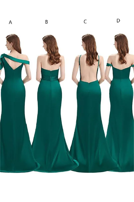 Emerald Green Satin One Shoulder Cutout Long Bridesmaid Dress with Side Slit