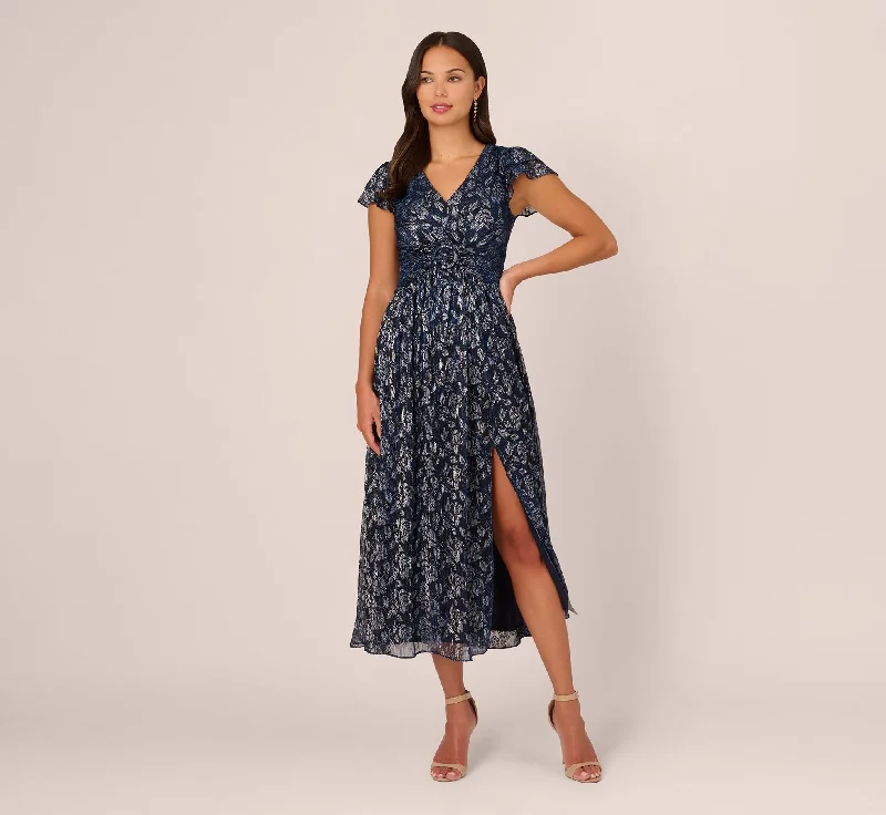 Floral Metallic Crinkle Ankle Length Dress With Flutter Sleeves In Navy Silver