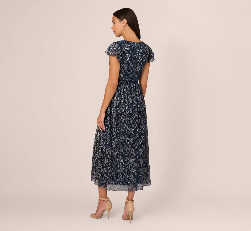 Floral Metallic Crinkle Ankle Length Dress With Flutter Sleeves In Navy Silver