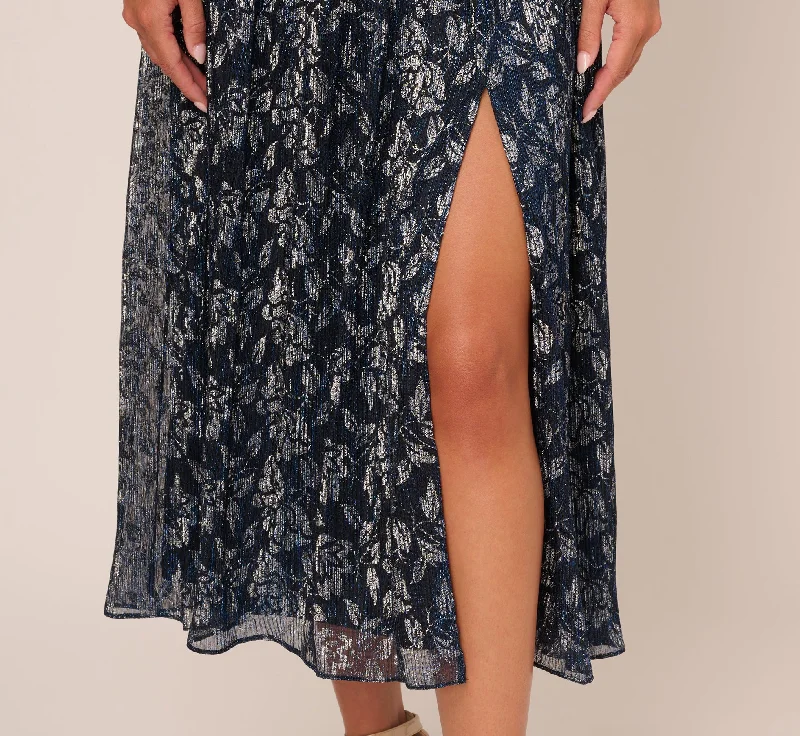 Floral Metallic Crinkle Ankle Length Dress With Flutter Sleeves In Navy Silver