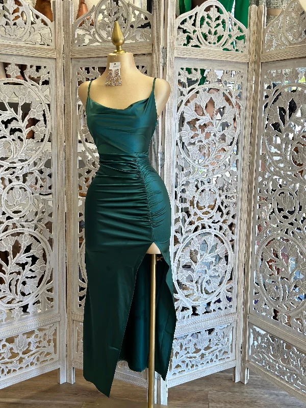 Forest Green Ruched Cowl Gown