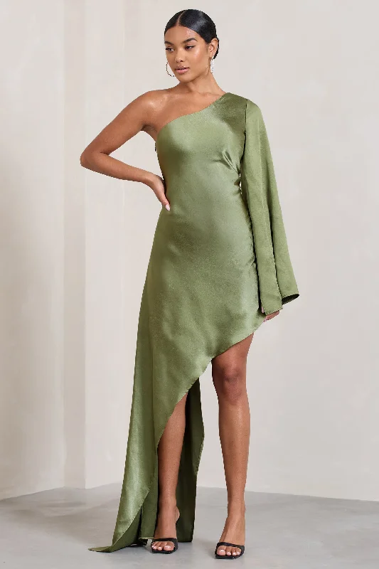 Hanna | Olive One Shoulder Asymmetric Draped Satin Mini Dress