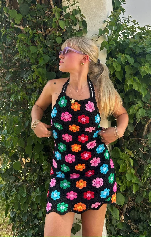 Happy Halter Mini Dress ~ Multi Black Flower Crochet