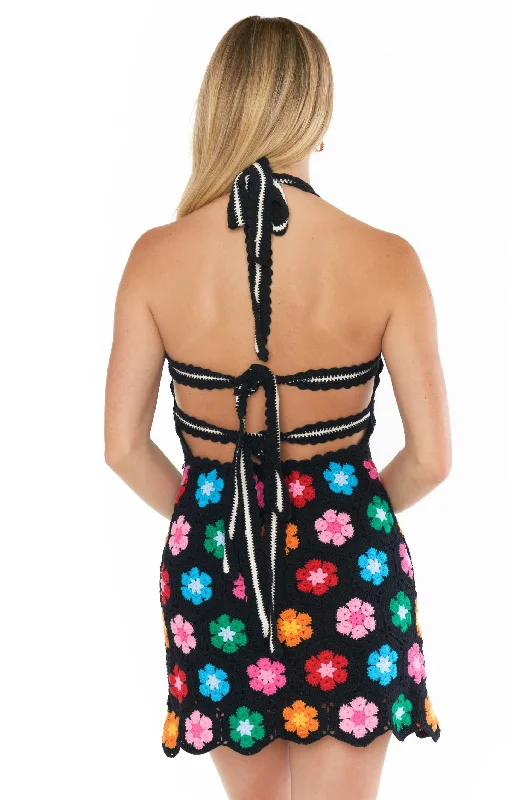 Happy Halter Mini Dress ~ Multi Black Flower Crochet