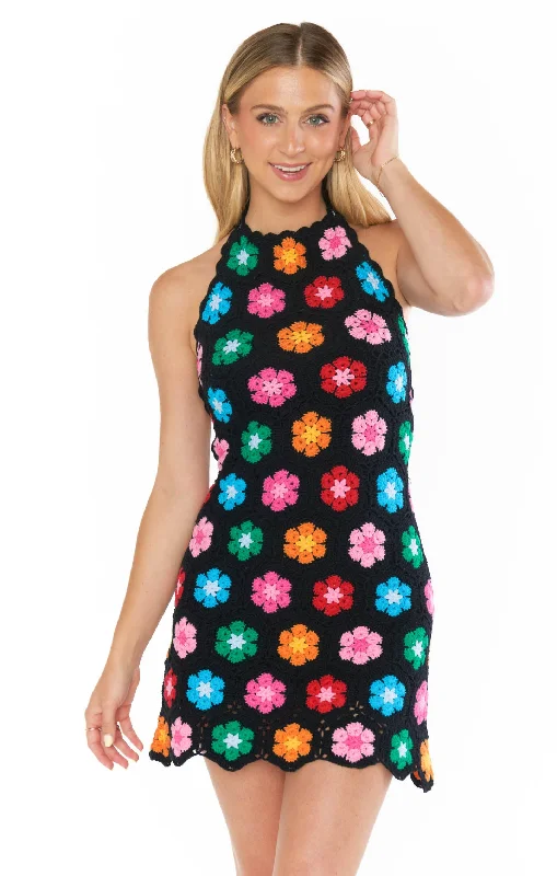 Happy Halter Mini Dress ~ Multi Black Flower Crochet