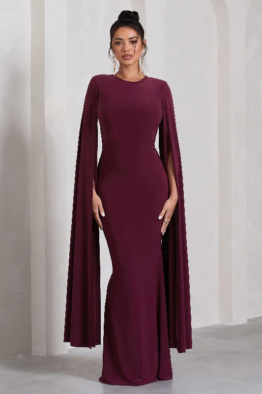 Kimmy | Burgundy High Neck Maxi Dress With Cape Sleeves