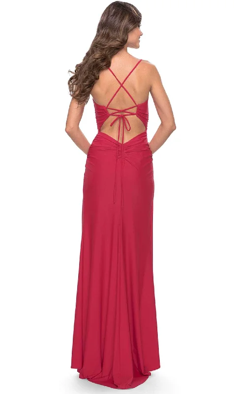 La Femme 31127 - Lace-Up Back Ruched Long Prom Gown