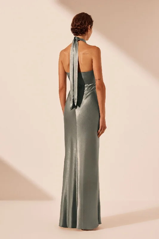 LA LUNE RUCHED HALTER MAXI DRESS - SAGE