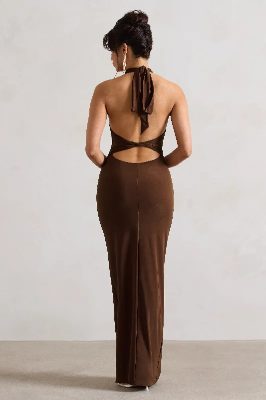 Larisa | Dark Brown Cowl Halter-Neck Maxi Dress With Back Detail