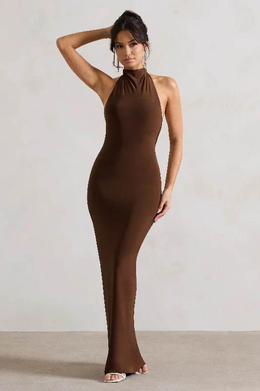 Larisa | Dark Brown Cowl Halter-Neck Maxi Dress With Back Detail