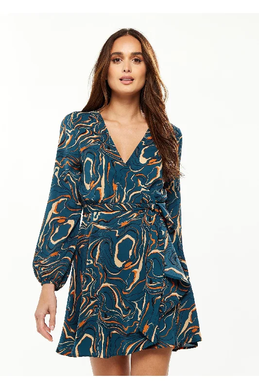 Liquorish Scribble Print Mini Wrap Dress With Long Sleeves