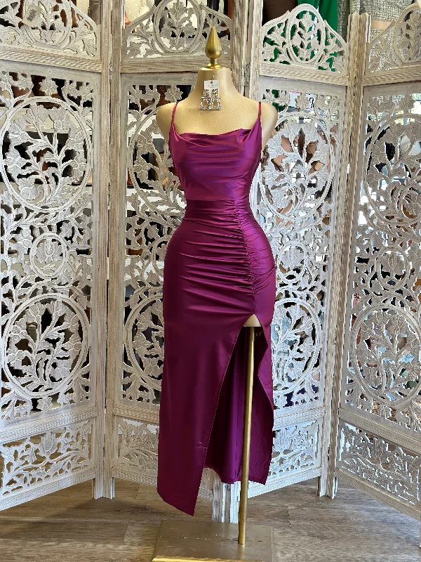 Magenta Ruched Cowl Gown