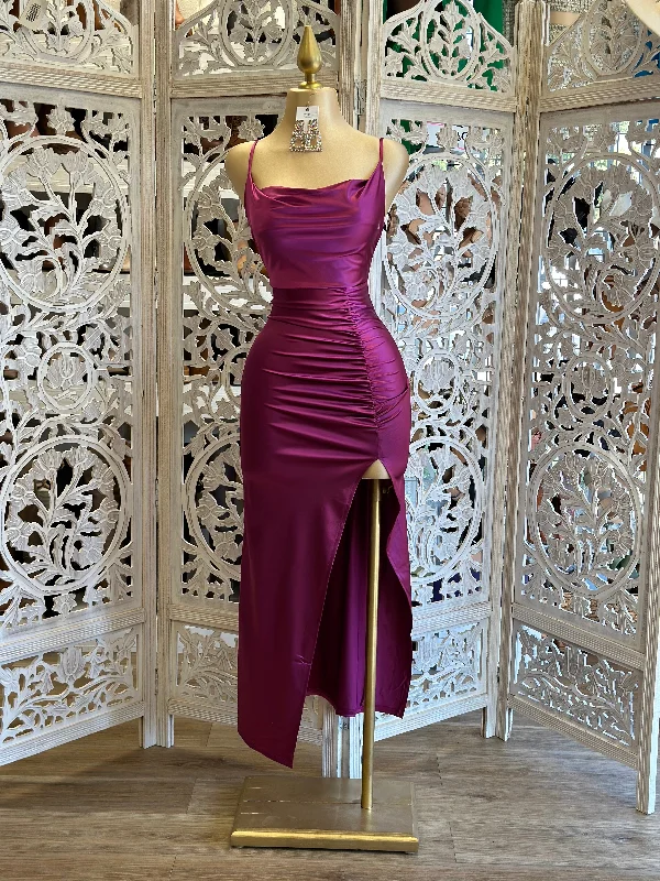 Magenta Ruched Cowl Gown