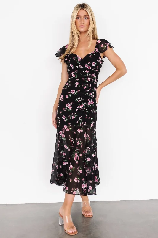 Mariana Ruched Midi Dress | Black Floral