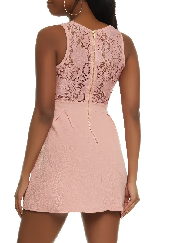 Floral Lace Detail Zip Back Skater Dress