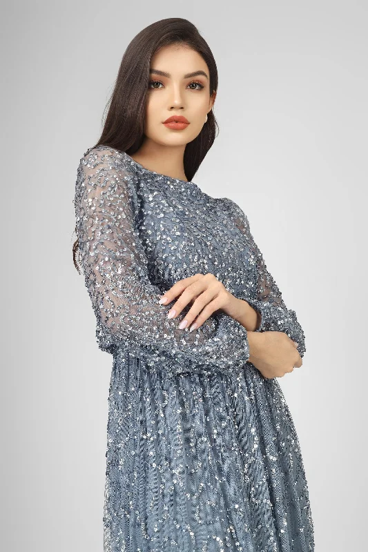 Melissa Long Sleeve Embellished Maxi Dress in Blue