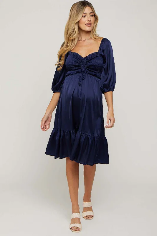 Navy Satin Smocked Ruffle Hem Maternity Dress