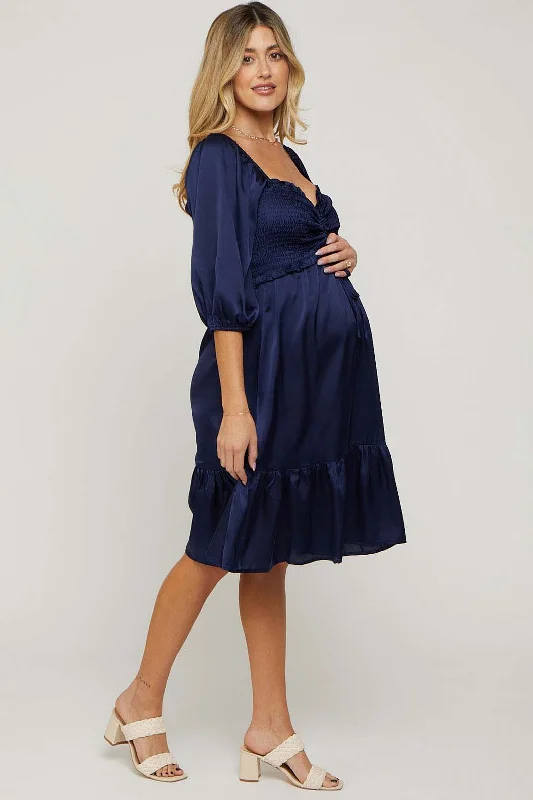 Navy Satin Smocked Ruffle Hem Maternity Dress