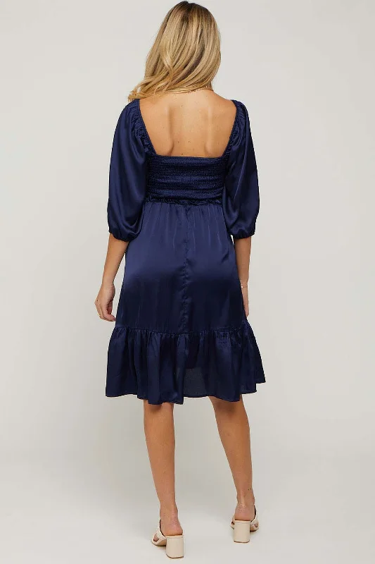 Navy Satin Smocked Ruffle Hem Maternity Dress