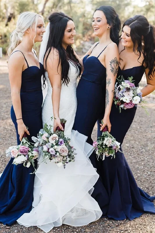 Navy Spaghetti Straps Mermaid Long Bridesmaid Dress