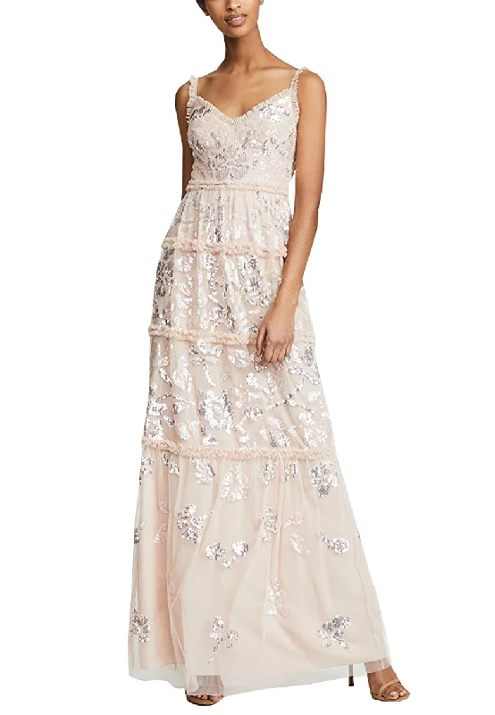 Beige Floral Gloss Sequins Gown