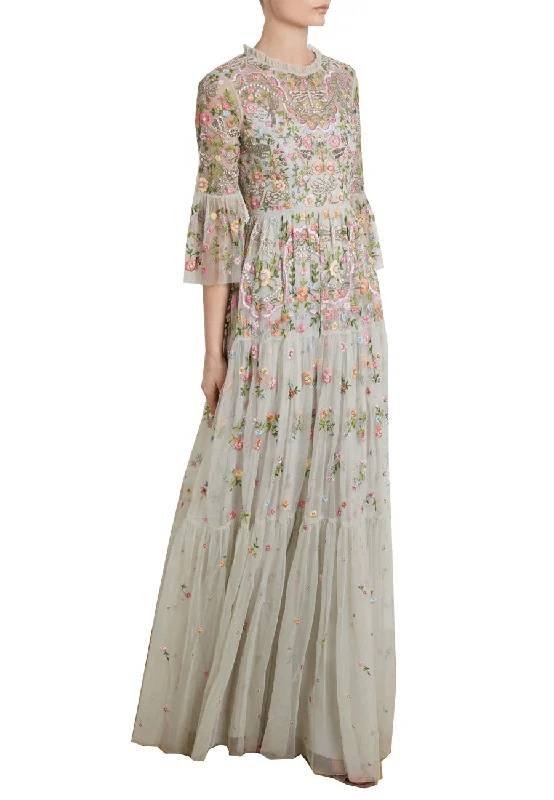 Light Grey Dragonfly Garden Embellished Tulle Gown