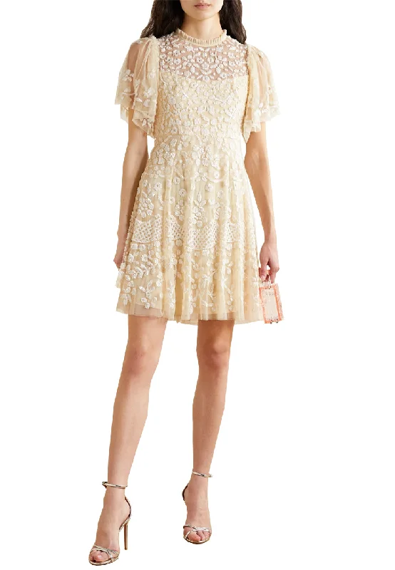 Yellow Honesty Embellished Sequins Flutter Sleeves Mini Dress (UK 10)