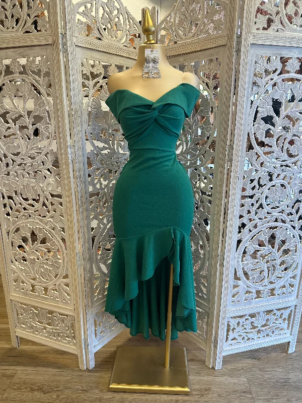 Off Shoulder Ruffle Draped Dress Hunter Green