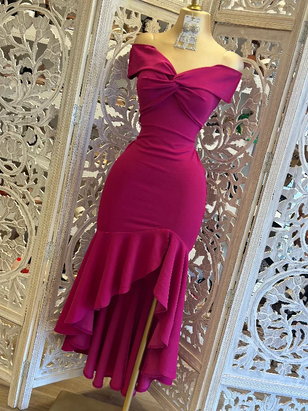 Off Shoulder Ruffle Draped Dress Magenta