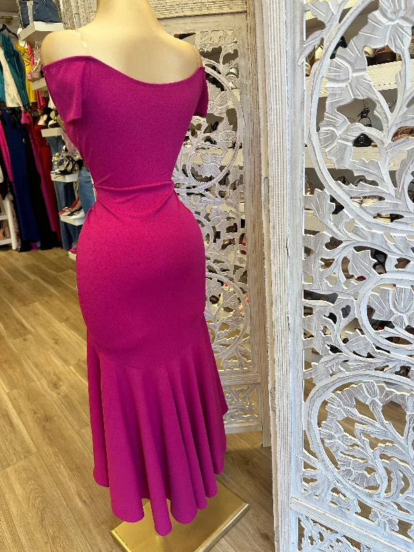 Off Shoulder Ruffle Draped Dress Magenta