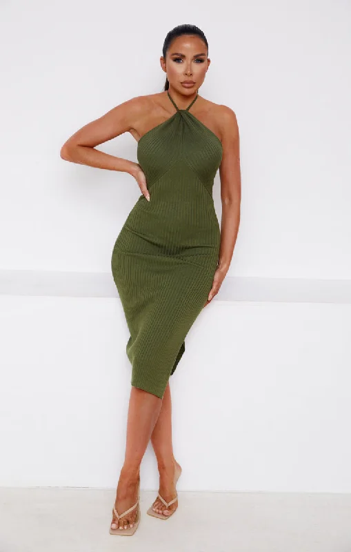 Olive Knitted Rib Halter Neck Bodycon Midi Dress-True