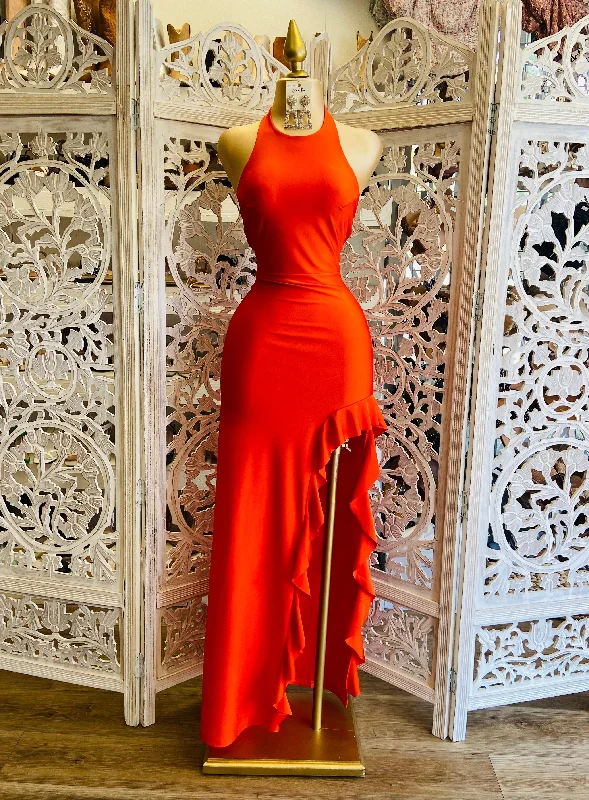 Orange Red Ruffled Mock Neck Dress