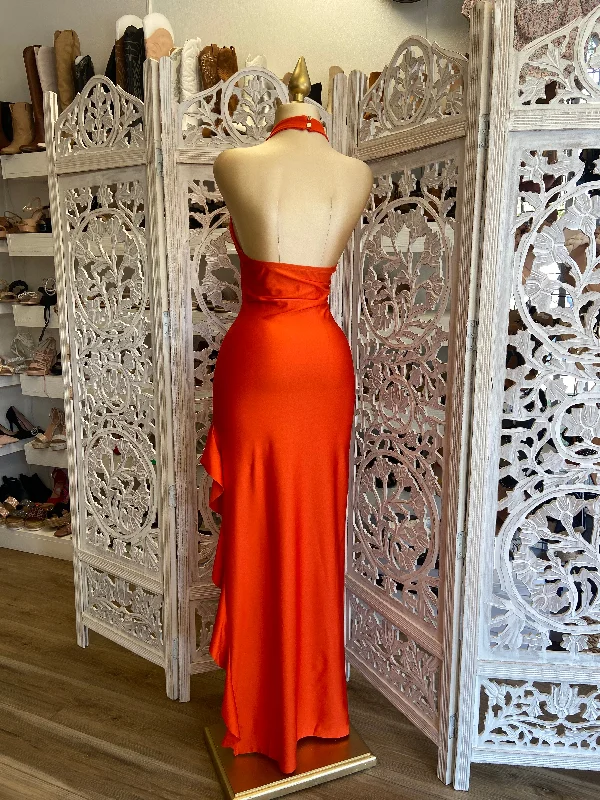 Orange Red Ruffled Mock Neck Dress