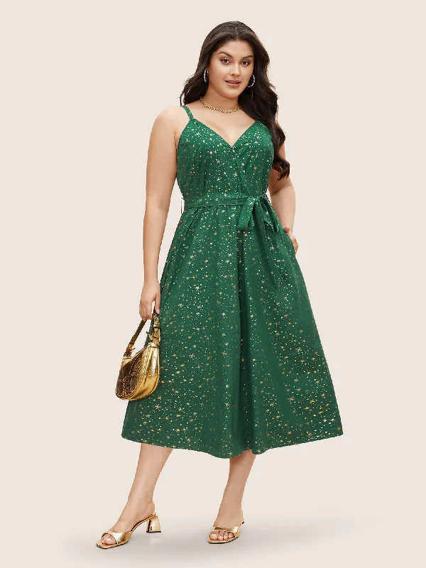 Overlap Collar Glitter Star Belted Cami Dress