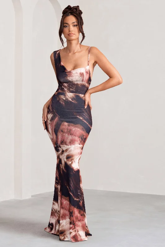 Phantasy | Brown Print Asymmetric Neckline Cowl Maxi Dress