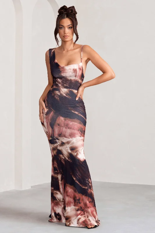 Phantasy | Brown Print Asymmetric Neckline Cowl Maxi Dress