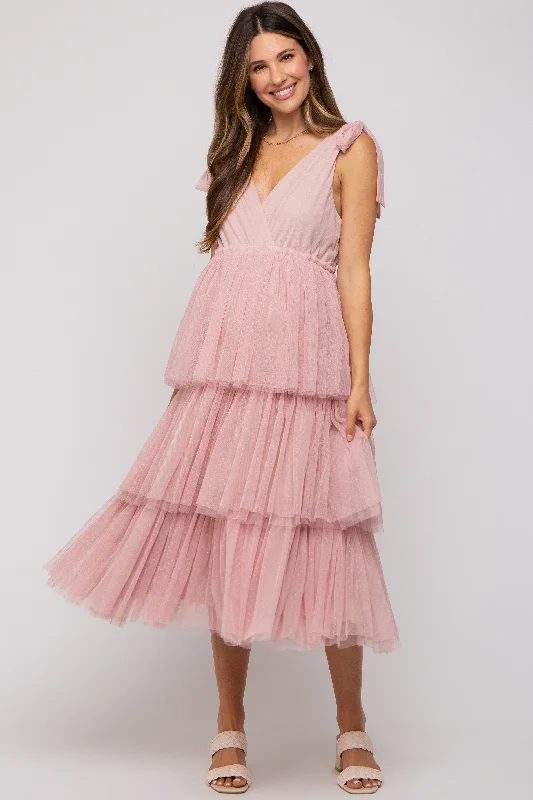 Pink Sleeveless Tiered Tie Strap Tulle Maternity Midi Dress