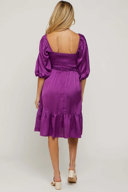 Plum Satin Smocked Ruffle Hem Maternity Dress