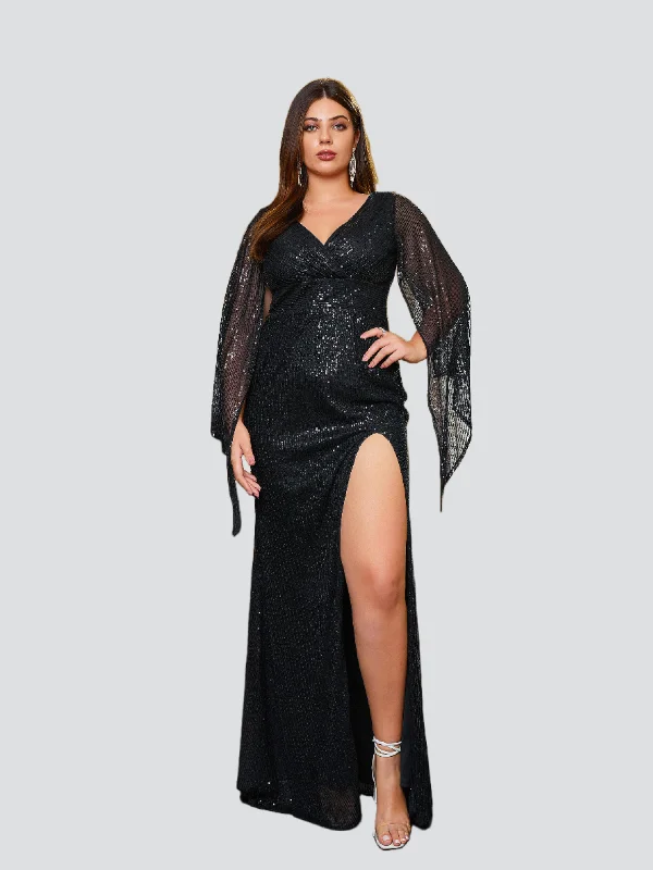 Plus Size V-Neck Cape Sleeve Split Prom Dress PRA60140